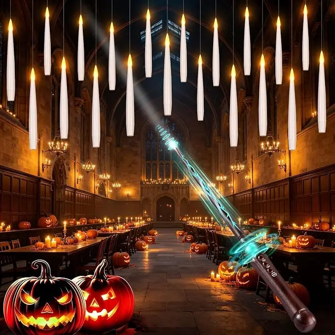 20 Pcs Floating Candles with Magic Wand, Flameless LED Hanging Candles with Timer, Halloween Wizard Room Decor, Magical Party Decorations