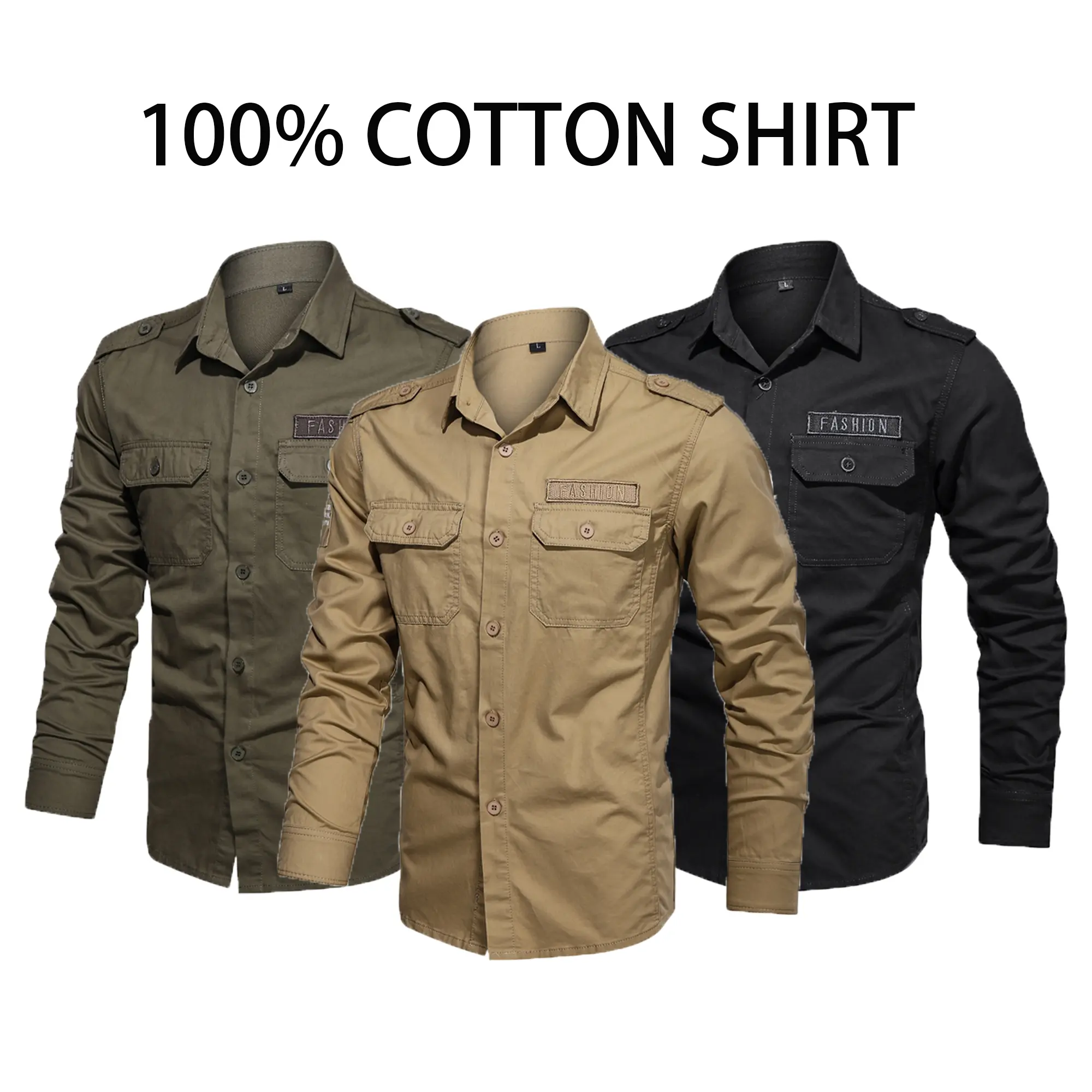 1-pack men’s 100% cotton work long-sleeve shirt with shoulder patches and two pockets, military style; wear-resistant, breathable, solid color casual outdoor top