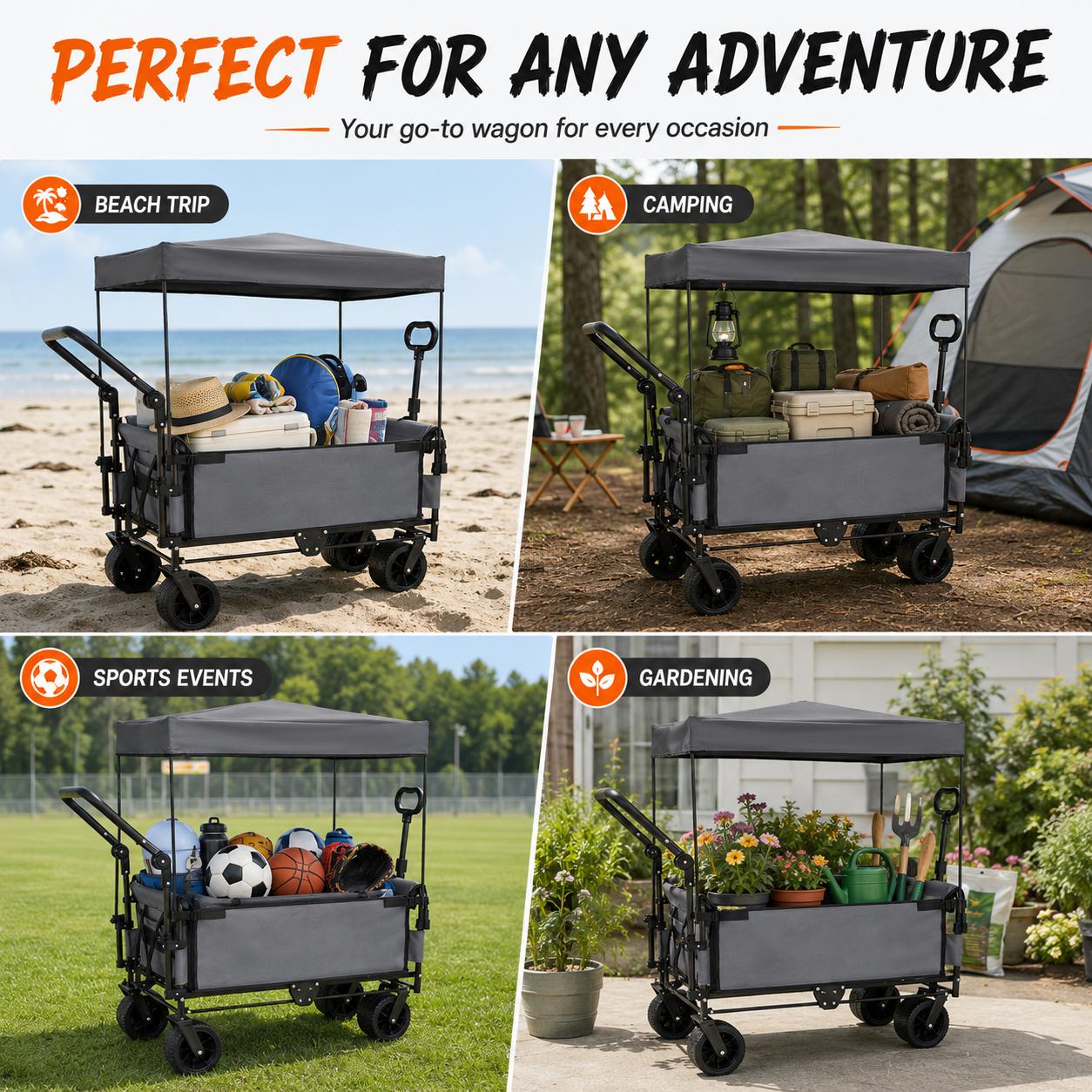 3-in-1 Collapsible Utility Wagon with 180L Capacity, Steel Frame, Bench Seat, Removable Canopy, Brake System, 500lbs Load, All-Terrain Wheels for Garden Camping-0028 3-in-1 Collapsible Utility Wagon with 180L Capacity, Steel Frame, Bench Seat, Removable Canopy, Brake System, 500lbs Load, All-Terrain Wheels for Garden Camping-0028