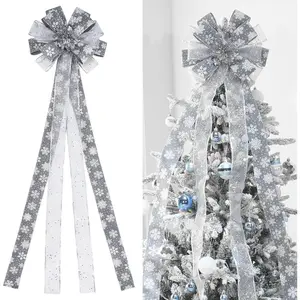 Christmas Tree Topper, Bow Large Christmas Bow Tree Topper, for Xmas Ornament Holiday Home Wedding Thanksgiving Indoor/Outdoor Decoration (Grey Silver)