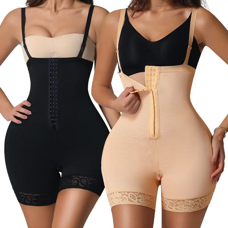 Women's Elastic Compression Bodysuit, Colombian Style Zipper Crotch High Waist Seamless Undergarment, Full Body Stretch Outfit with Leg Support