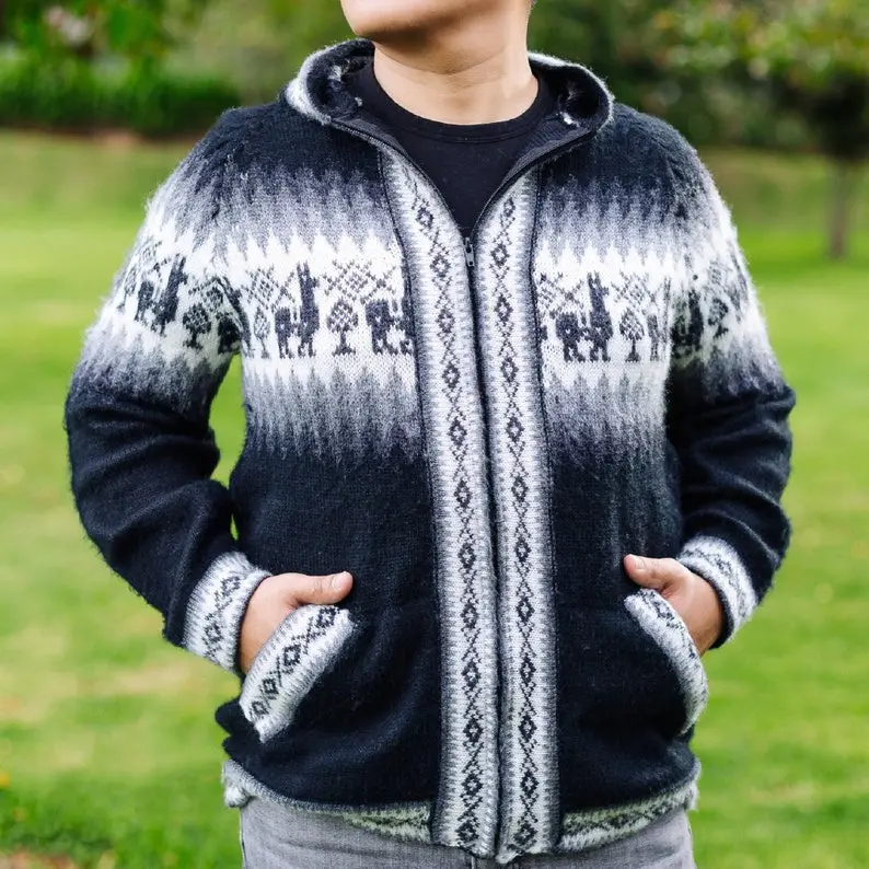 Hooded Men's Alpaca Full Zip Sweater - Soft and Cozy Cardigan - Men Sweater with Alpacas Print In Front & Back - Best Father's Day Gift