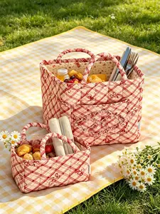 Pink plaid quilted storage basket set, coquettish style storage bag with lace bow and floral lining, multi-purpose basket, suitable for picnics, toys, snacks and daily use, perfect for outdoor, travel and room organization