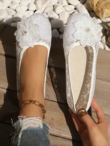 White Lace Floral Pearl Flat Shoes, Bridal Wedding Shoes for Women