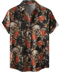 Men's Floral Skull Print Hawaiian Shirt - Gothic Rose & Skull, Sunny Vibe, Tropical Island Cotton Blend, Casual Short-Sleeve Button-Up for Halloween, Party Wear