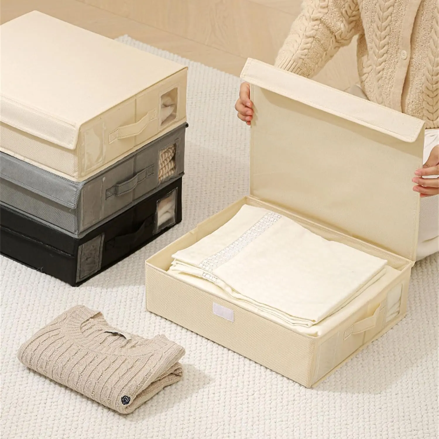 Stora Durable Plastic Bed Sheet Organizer - Collapsible Under Bed Storage Bin with Handle, Single Unit Bedding Pillow Case Holder for Bedroom, Durable Plastic Organizers, Collapsible Storage Bin