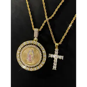 Virgin Mary Pendant Rope Chain & Cross Pendant Necklace, Rhinestone Decor Layered Necklace, Fashion Jewelry Accessories for Women & Men, Cross Necklaces