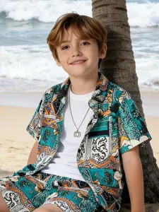 Boys' Two-Piece Beach Vacation Set, Tropical Floral Geometric Print Shirt with Casual Shorts, Summer for Kids
