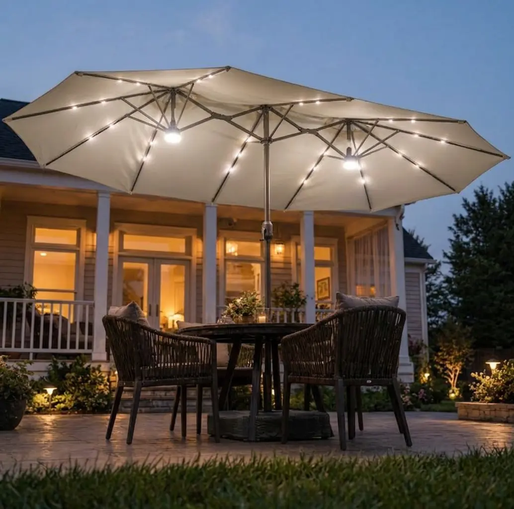 CAODOC 15ft Stainless Steel Rectangle Solar Patio Parasol Umbrella with Base - Adjustable Canopy, Double-Sided Twin Design, Main Lights, Crank Handle, Modern Large Wide Shade for Family Gathering, Garden Canopies & Shade