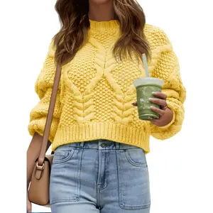 Lannew Womens Cable Knit Cropped Sweater Fall Chunky Puff Long Sleeve Crewneck Loose Casual Pullover Tops