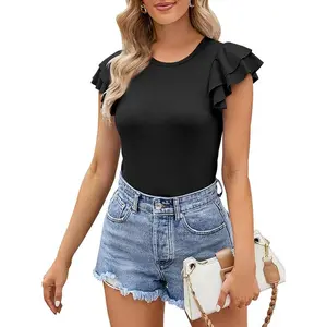 Womens Ruffle Short Sleeve Bodysuits Slim Fit Crew Neck Ribbed Leotard Shirts Tops