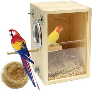 Parakeet Nesting Box Transparent Bird Breeding Nest Boxes Natural Wood Bird Cage (L)