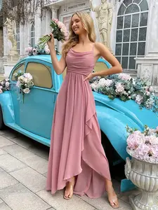 Women's Floral Print Cami Bridesmaid Dress, Elegant Chic Romantic Sleeveless Ruffle Trim Chiffon Bridesmaid Dress for Wedding Party, Ladies Clothes for Summer, Womenswear