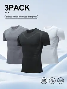Men's Compression Shirts 3 Pack, Quick Dry Short Sleeve Workout T-Shirts, Athletic Gym Running Tops for Men