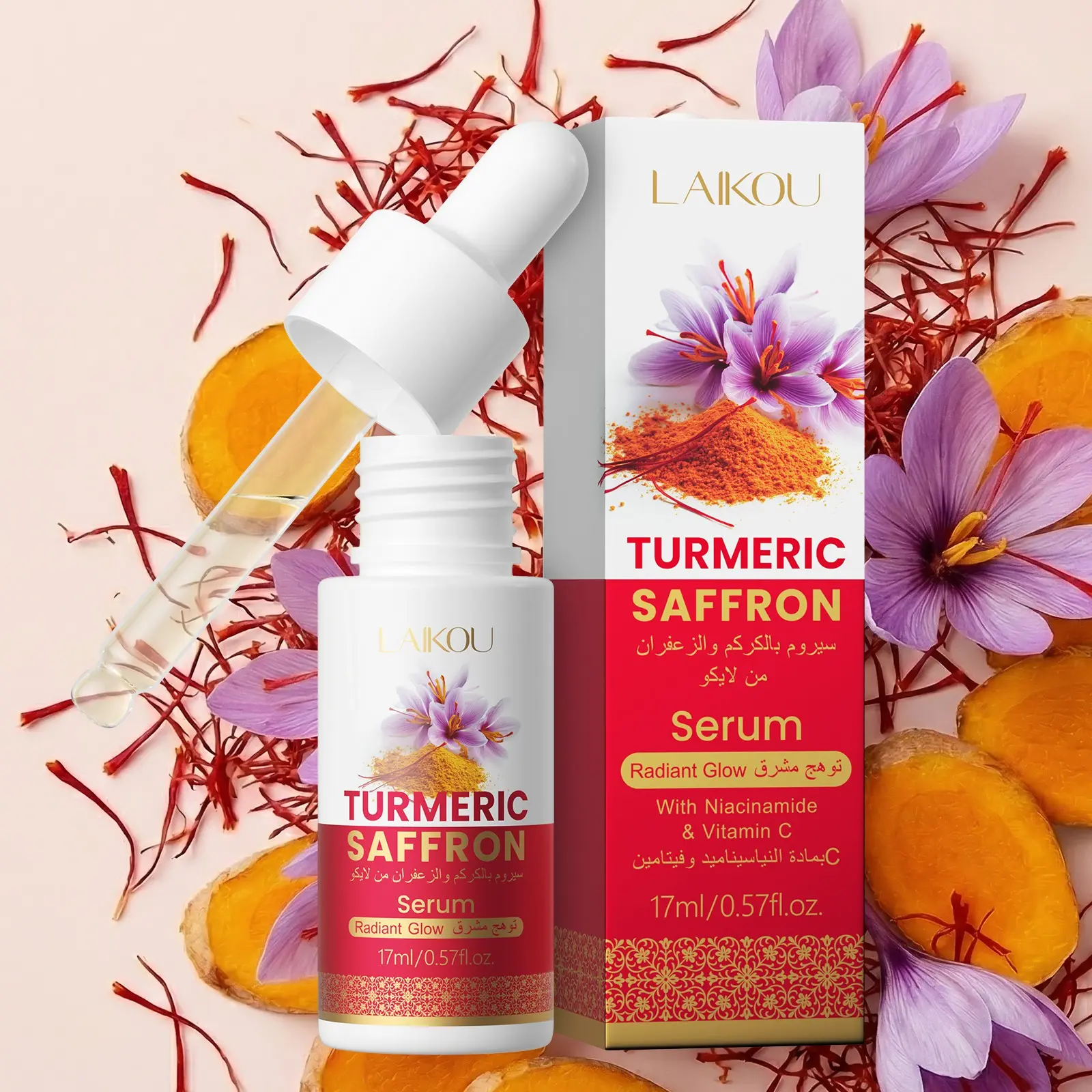 LAIKOU Facial Serum with Turmeric & Saffron Extract, Gentle Soothing & Hydrating Skin Care, Brightening Vitamin C