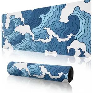 Blue and White Wave Gaming  Pad XL, Non Slip Rubber Base Mousepad, Stitched Edges Desk Pad, Extended Large Mice Pad,31.5 X 11.8 Inch