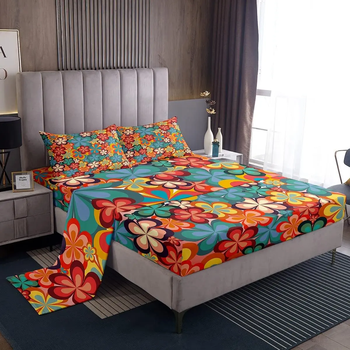 Feelyou Microfiber Bedding Set - 70s Groovy Flower, Boho Retro Rainbow Floral Design, Soft Fitted Breathable Bedsheets Set for Women, Full-King Sizes