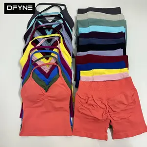 Dfyne Blank Seamless Halter Tank Top & Shorts Set| Padded Ruched Plunge Longline Sports Bra with High Waisted Tummy Control Biker Shorts No Logo 2-Piece Outfit