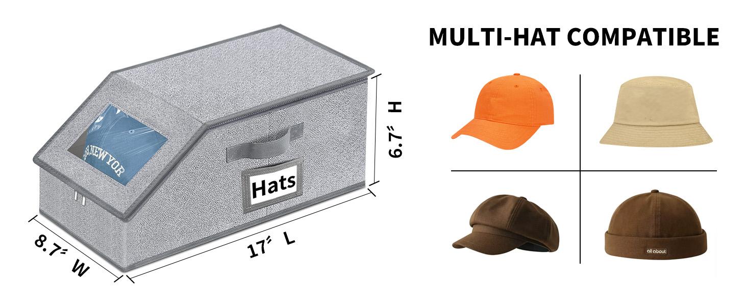 2 PCS Stackable Hat Storage for Baseball Caps, Holds up to 24 Caps Hat Organizer for Closet, Sturdy Snapback Boxes for Men with Cardboard, Stackable Hat Box in Breathable Linen Fabric, Clear Window Closet Storage for Caps, Grey