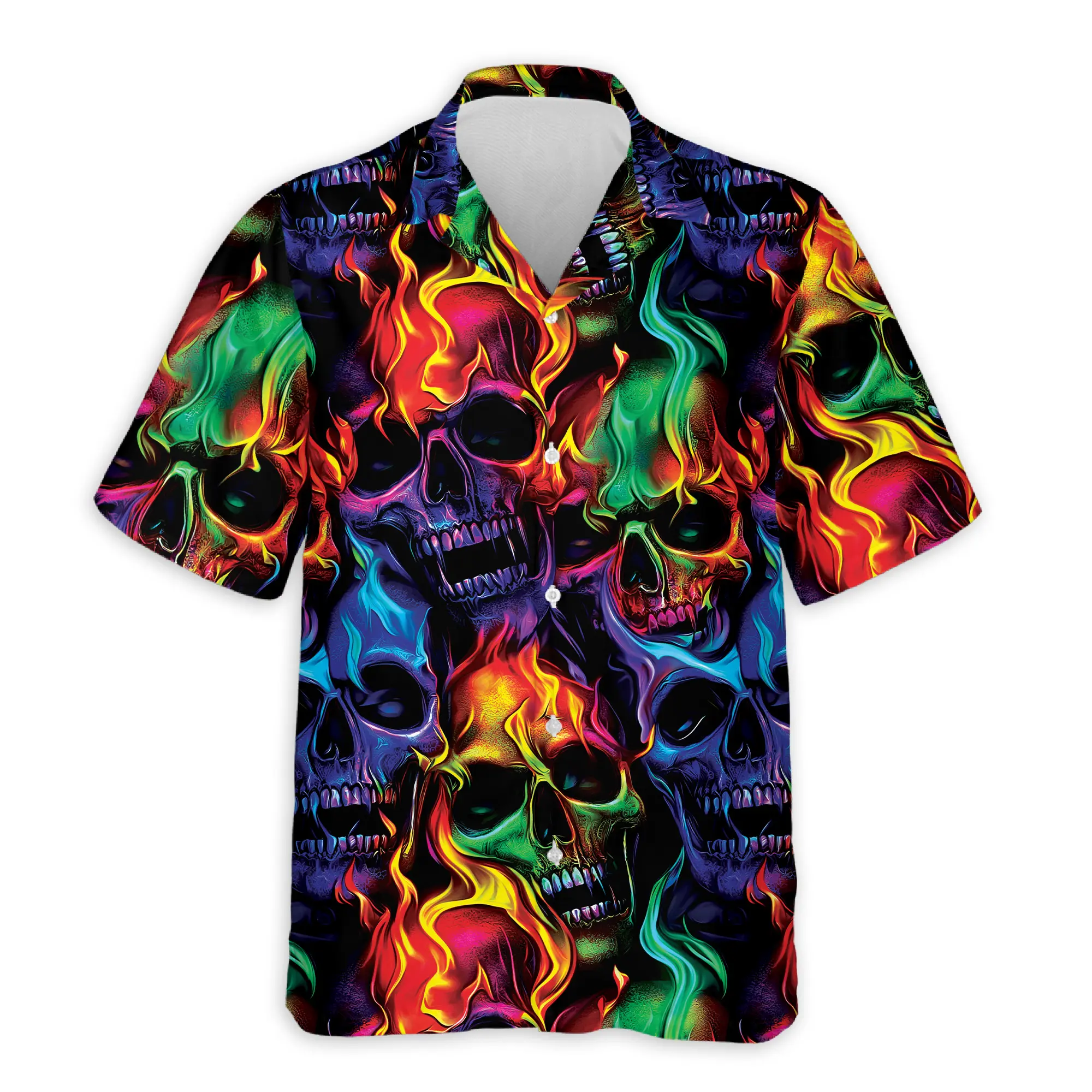 Horror Hawaiian Shirt Flame Skull Button Down Summer Vacation Beach Party Shirt