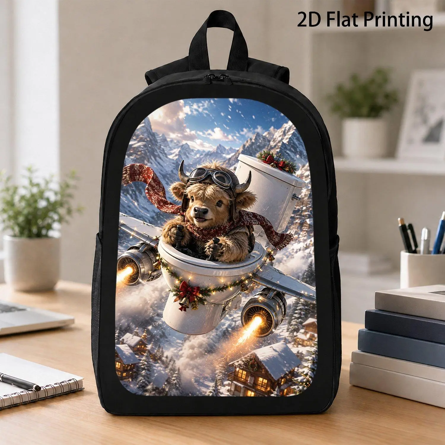 Christmas Winter Graphic Pilot Highland Cow With Scarf Piloting Jet Toilet Over Snowy Mountain Village 2D Flat Print Travel Laptop Backpack Rucksack Durable Stylish Carrying Bag