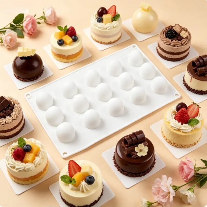 1pc high dome silicone cake mold, 15-hole 3D geometric design, non-stick silicone material, perfect spherical arrangement, easy to demold, used for chocolate and cake making, creative mousse basic tool, Silicone Baking Molds