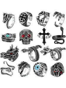 15Pcs Vintage Punk Rings for Men Women Snake Ring Dragon Open Rings Set Knuckle Stacking Ring Boho Finger Rings Trend Jewelry