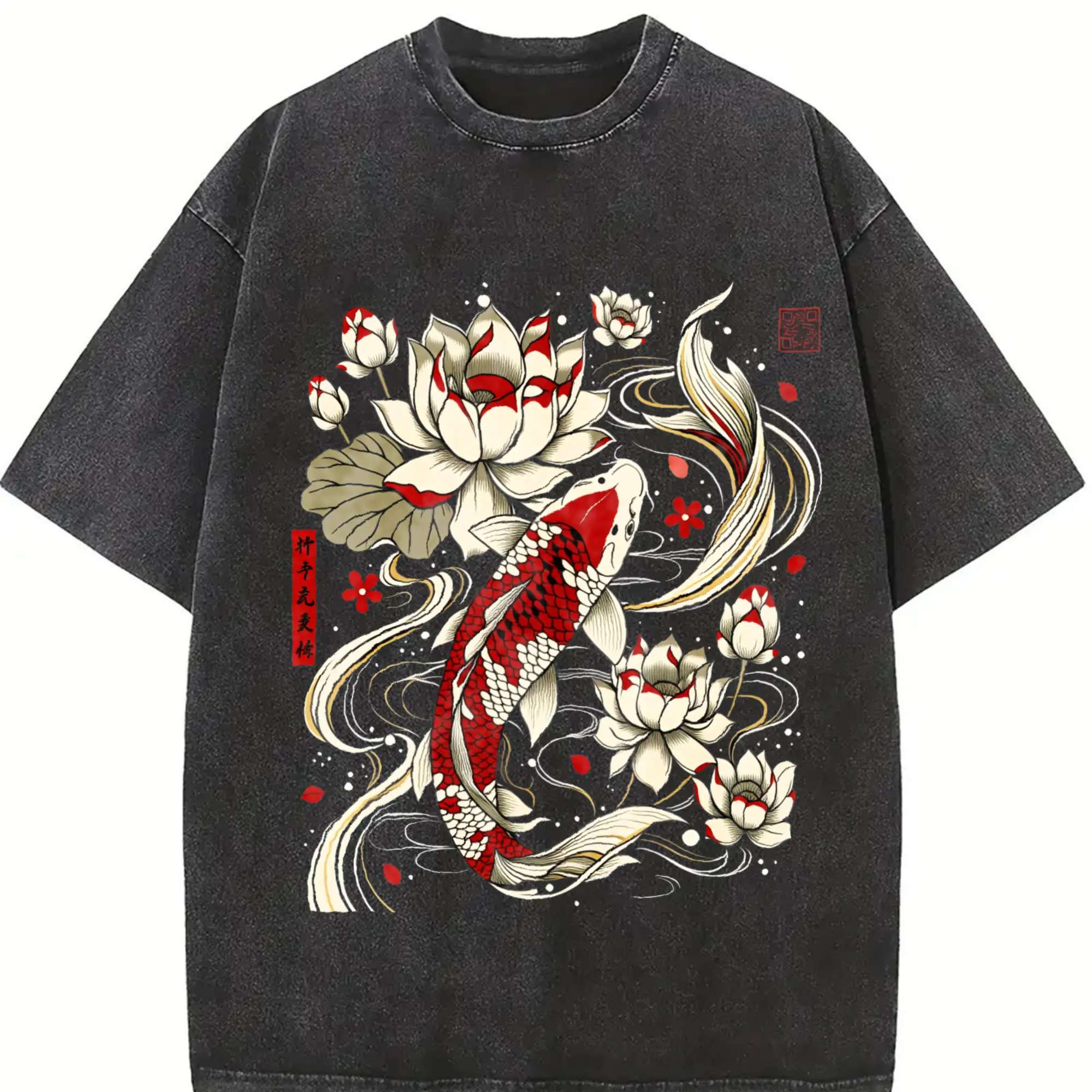Urban Explorer And Soft Grunge Vibes: Vibrant Red Koi Fish with Lotus Flowers And Japanese Calligraphy on a Sun-Faded Dark Gray Garment Dyed Washed T-Shirt 230Gsm