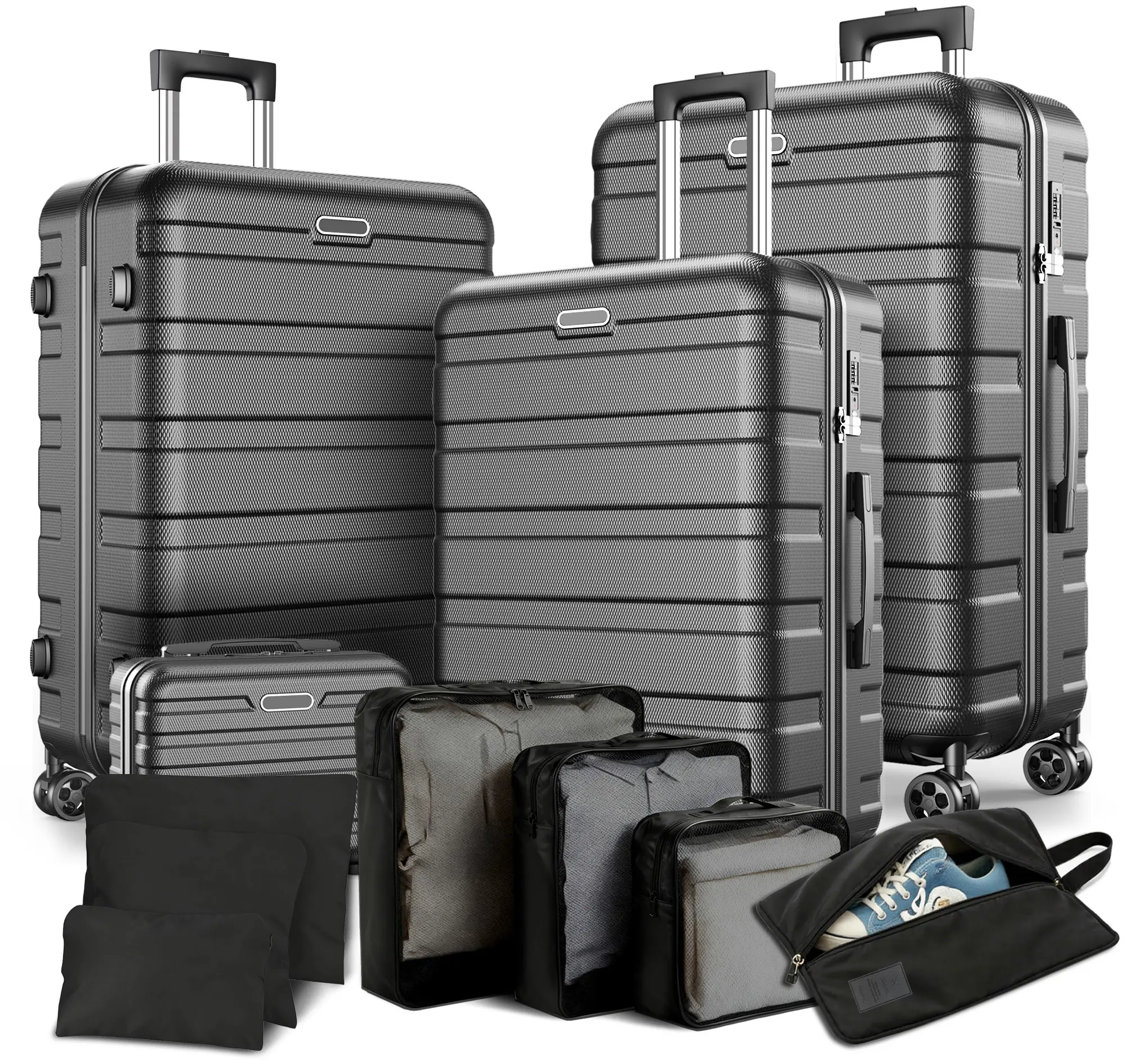 Famistar 11-Piece Luggage Set 4 Hard Shell Suitcases with Spinner Wheels & 7 Toiletry Bags Lightweight 100% ABS Construction Combination Locks Included