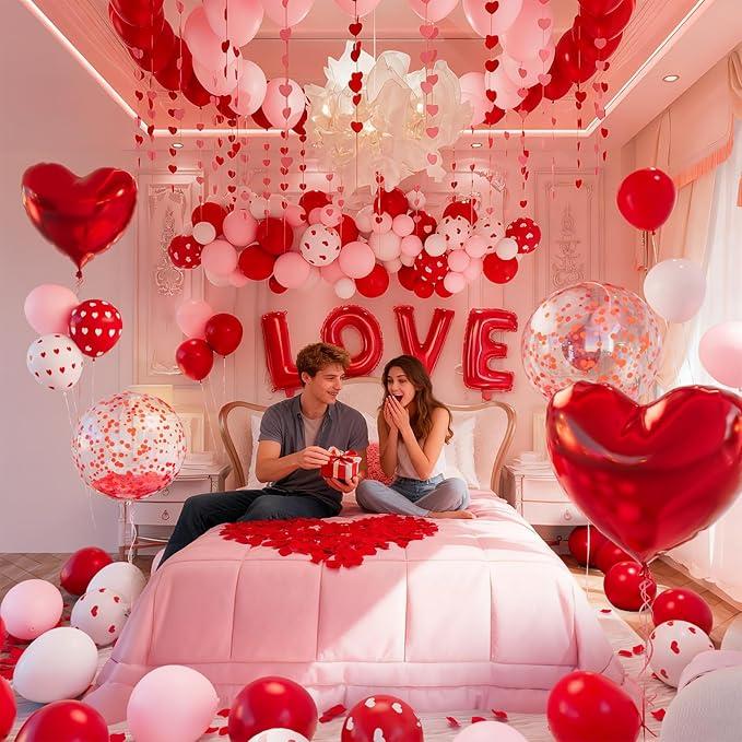 New Deal - Valentines Day Bedroom Decorations Balloon Arch Kit, Romantic Love Balloons Set with 32” LOVE Foil Letters, Heart Balloons, Rose Petals for Proposal, Anniversary & Couples Surprise