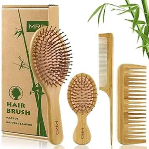 MRD Hair Brush Set, Natural Bamboo Comb Paddle Detangling Hairbrush, Wide-tooth and tail comb No Bristle, Thick/Thin/Curly/Dry Hair Gift kit