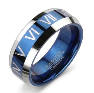 Lanyjewelry Men's 8mm 2-Tone Blue & Silver Scratch-Resistant Tungsten Carbide Ring - Brushed Blue Center, Raised Roman Numerals, Polished Step-Down Edges, Casual Fashion Accessory, Tungsten Rings, Metal Engraving Rings