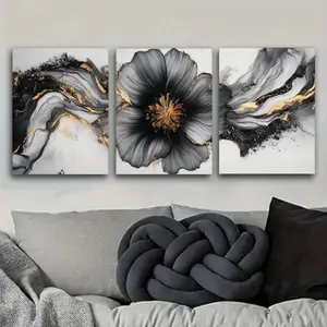 3 Pieces Set Optional Wooden Frame Floral Abstract Design Modern Abstract Floral Wall Art Texture White Flower Gold Leaf Embellishment Canvas Print Suitable for Office Living Room Wall Poster Decor Picture Mural Art Wall Decoration