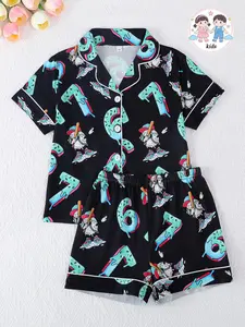 2-Piece Kids Summer Pajama Set, Short Sleeve Button Front Open Shirt & Shorts, Casual Cartoon Print, Unisex, All Seasons Wear