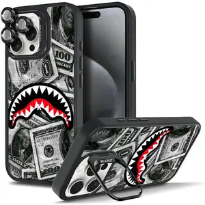 Shark Mouth Casing For iphone 17 16 15 14 13 12 11 AIR PRO PLUS MAX Hard TPU Metal lens frame Film With Bracket Stand Gift Shockproof Protection Anti-Drop Protective Protector Phone Cases Shell Cover