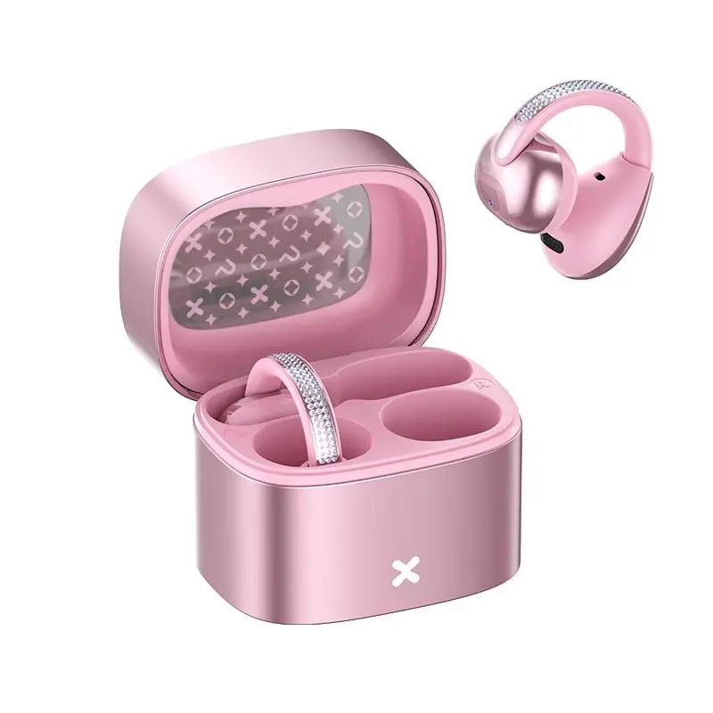 C05 Fashion Clip-On Wireless Headphones with Bluetooth 6.0, OWS Open-Ear Air Conduction, Luxury Pink Diamond Jewelry Design, Lightweight & Comfortable Fit, Stylish Earbuds for Women & Girls, Ideal Gift, Compatible with Android & iOS