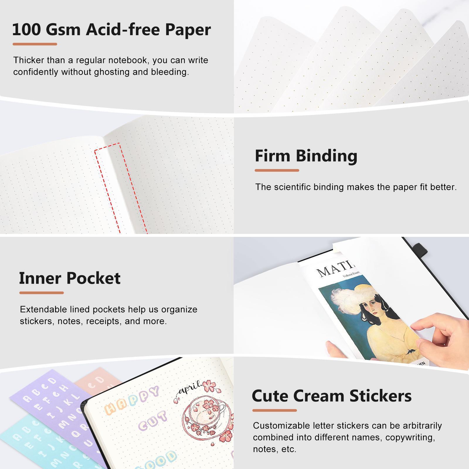 A5 Dotted Journal Bullet Notebooks, 5.7 x 8.3 inches Hardcover Leather Notebook with Pen Loop, 100Gsm Premium Thick Paper with Inner Pocket, Stickers, Black, Gift