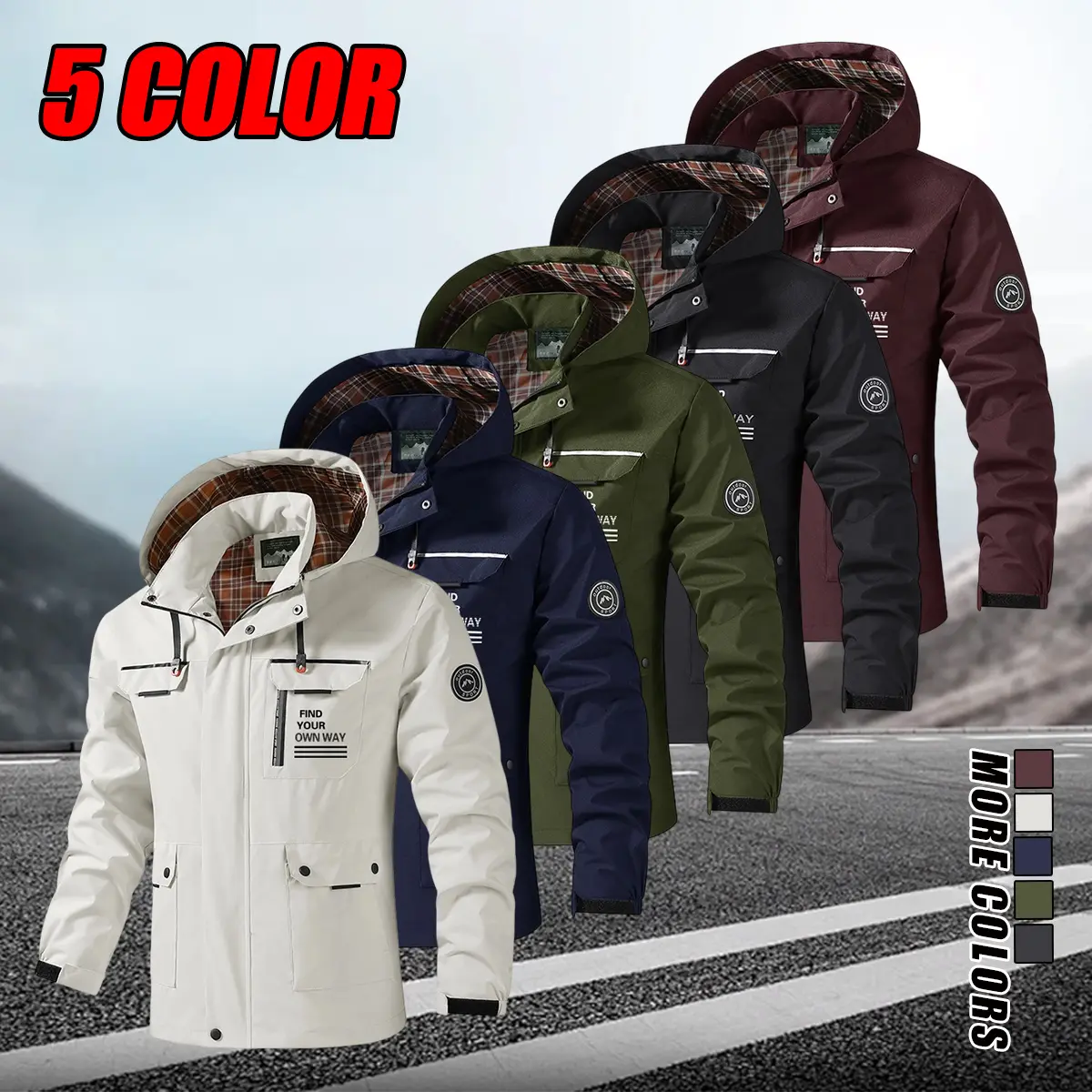 Men’s hooded windbreaker field jacket featuring a chest slogan print, arm patches, tartan check lining, multi-purpose pockets, and reinforced cuffs. Crafted from sturdy, breathable, water-repellent fabric, this casual outdoor outerwear is ideal for trail
