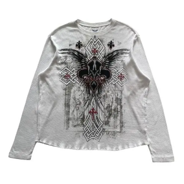 Faded Glory Cross Wing Grunge Cyber Y2K Thermal Long Sleeve - Vintage Streetwear Fashion Cotton Fit