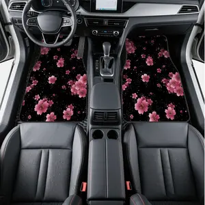 Mother's Day-4pcs Scratch Resistant Mats featuring Pink Blossoms on Black Design, Compatible with Heels and Boots, presenting Tough Surface that Resists Scuffs, Perfect for Business Professionals and Hikers.