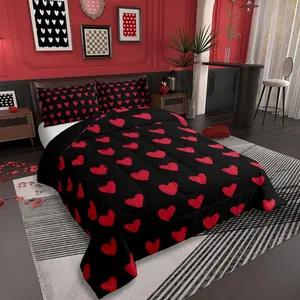 Love Comforter Set,Red and Black Heart Pattern Bedding for Couple,Valentine Day Gift Quilt,Cartoon Geometric Duvet Insert,Soft Warm Bedding Sets