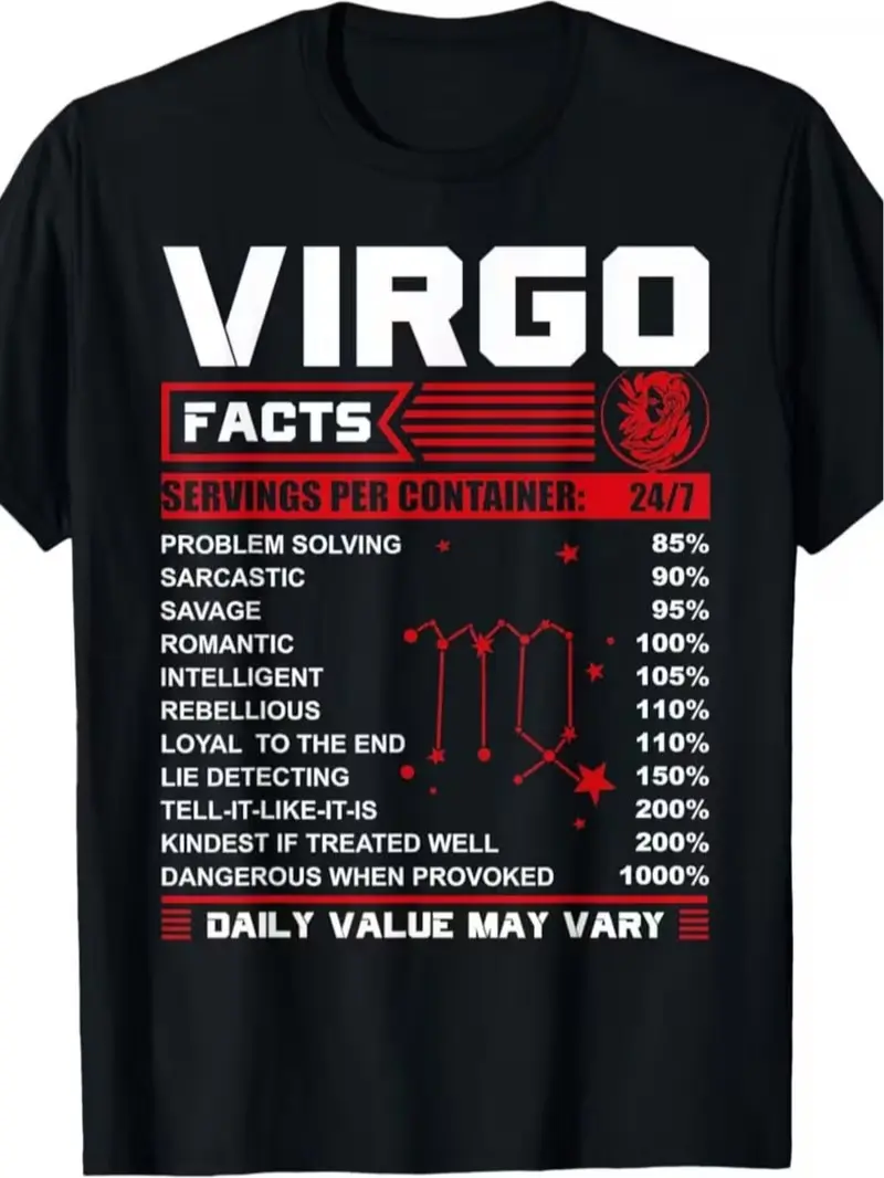 Men's Virgo Zodiac Sign Cotton Fabric Garment T-Shirt - Short Sleeve, Round Neck, Vintage Style, Fun Birthday Gift Fact Design, Casual Wear, All-Season Menswear