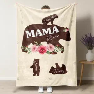 Custom "Mama Bear" Family Blanket,Custom Family Name Bear Silhouette Print Soft Flannel Blanket,Vintage Floral Mama Bear Blanket,Perfect for Mother's Day Gifts
