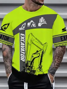 A men's yellow excavator pattern printed T-shirt, Menswear, casual short-sleeved, made of elastic polyester blend fabric, with machine-printed design, suitable for spring and summer, perfect for outdoor activities