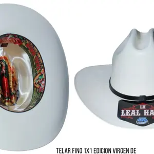 Leal Hat Telar Fino 1x1 Edicion Virgen de Guadalupe Sombrero Blanco con Diseño Único de Cuero Blanco y Patrón 1x1 Telar