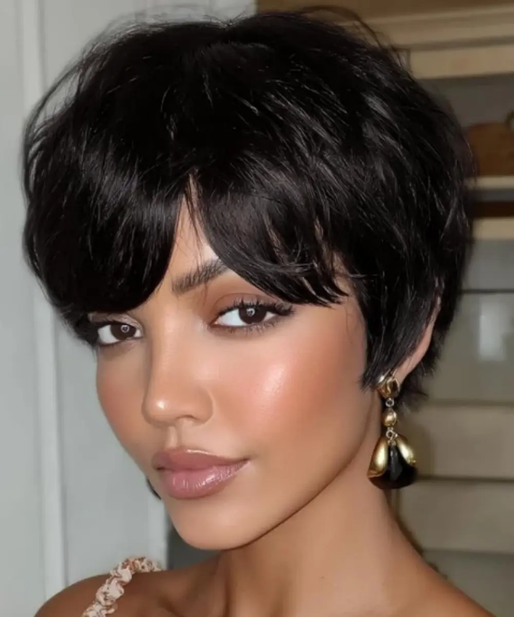 Female Natural Black Short Curly Wavy Pixie Mullet Human Hair Wig - Full Machine-Made, 150% Density, Natural Bangs, Middle Part, Everyday Ready-to-Wear Wig