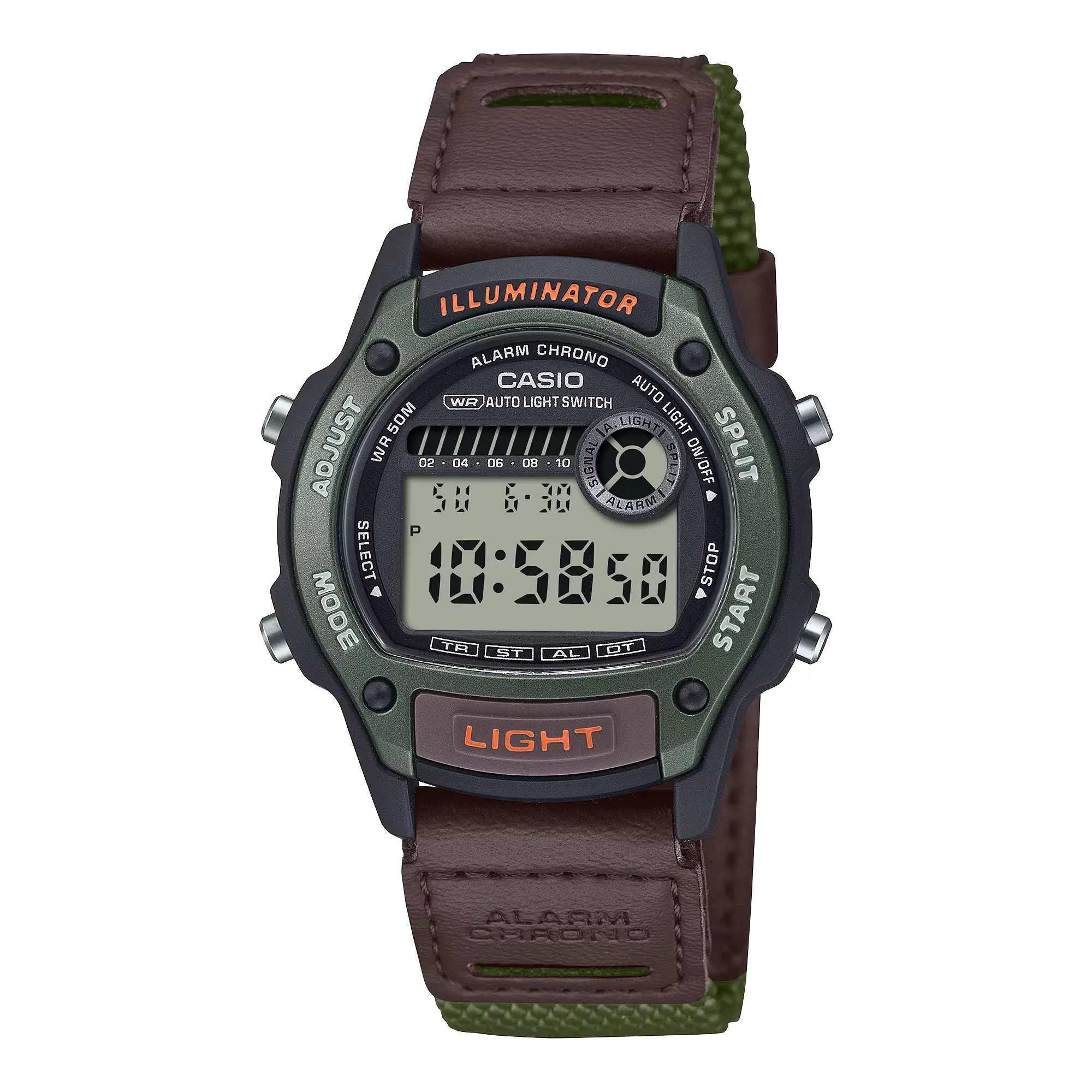 Casio Men’s Digital Illuminator Chronograph Watch with Brown and Green Strap - W-220HF-3AV