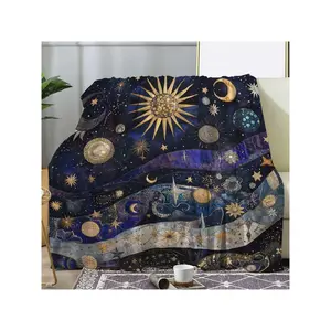 Vintage Mystic Boho Patchwork Celestial Sun Moon Stars Print Soft Cozy Flannel Decorative Throw Blanket for Couch Bed