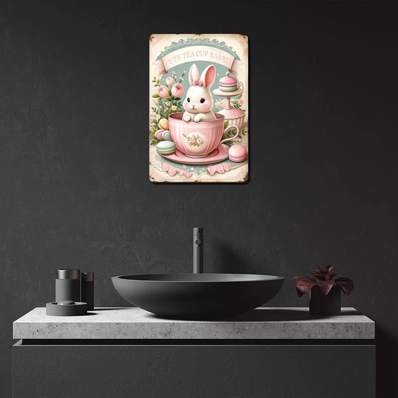 1pc Vintage Tin Painting: Pink Cute Teacup Rabbit, Suitable For Patio Decoration, Kitchen, Bedroom, Outdoor, Home Wall Decoration, Backdrop Decoration, Art Wall Decoration, Vintage Metal Signage