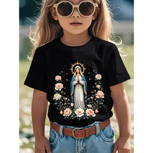 Kids' Virgin Mary & Jesus Religious T-Shirt - Catholic Icon Print Short Sleeve Round Neck Summer Top with Our Lady of Guadalupe-Inspired Floral Halo, Machine Washable Christian Apparel for &, Most Likely Christmas Shirts